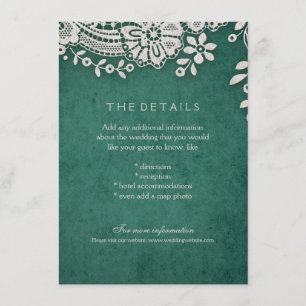 Emerald vintage lace rustic weddng details card