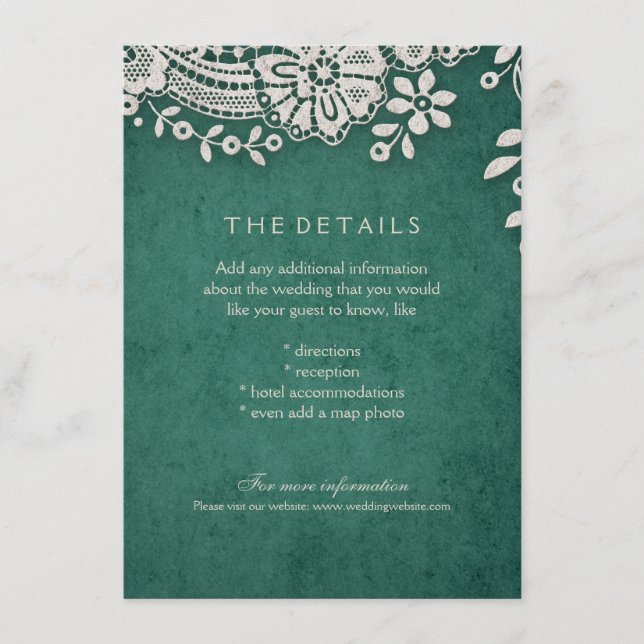 Emerald vintage lace rustic weddng details card (Front)