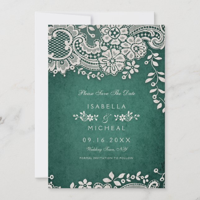 Emerald vintage lace rustic weddng save the date (Front)