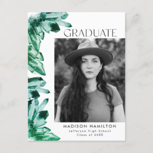 Emerald Watercolor Crystal Photo Graduation Party Invitation Postcard