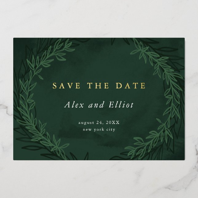 Emerald Watercolor Dramatic Save the Date Gold (Front)
