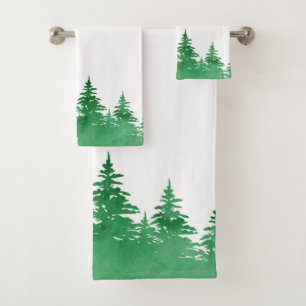 Emerald Watercolor Evergreen Trees  Bath Towel Set