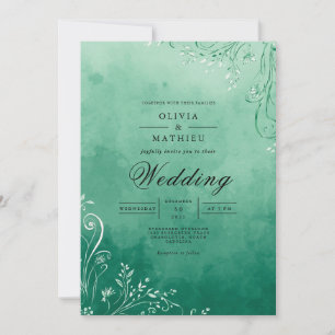 Emerald Watercolor Flourish Wedding Invitation