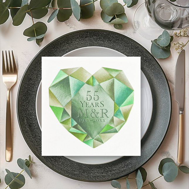  Emerald Watercolor Heart 55th Wedding Anniversary Napkin (Creator Uploaded)