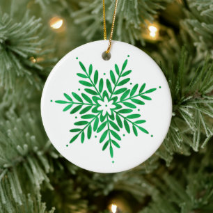 Emerald Watercolor Snowflake Ceramic Ornament