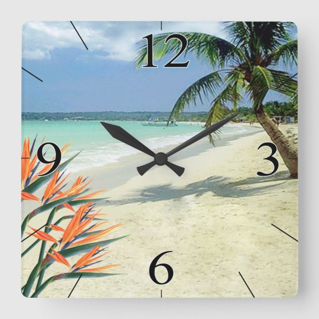 Emerald Waters Bird of Paradise Beach Square Wall Clock (Front)
