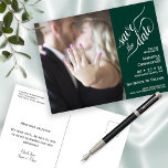 Emerald Wedding Save the Date Photo & Calligraphy Announcement Postcard<br><div class="desc">These save the date postcards are simple elegant modern and stylish. They feature a 2 pane design with your photo on the left. The right pane is emerald green with an elegant script calligraphy title reading "Save the Date." Below are your names with the wedding date and location in a...</div>