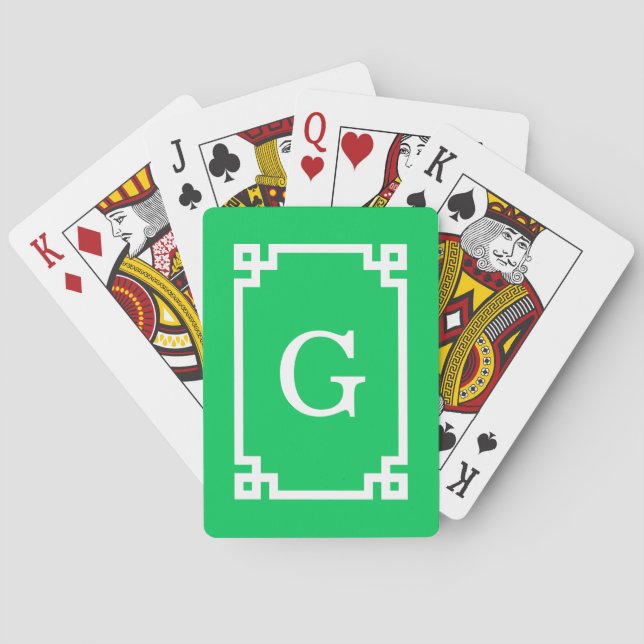 Emerald White Greek Key Frame #2 Initial Monogram Playing Cards (Back)