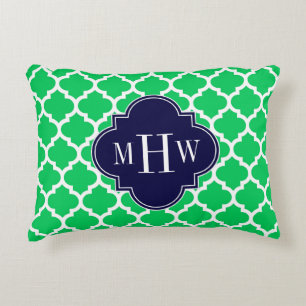 Emerald White Moroccan #5 Navy 3 Initial Monogram Accent Pillow