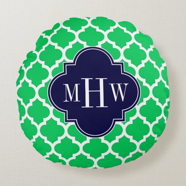 Emerald White Moroccan #5 Navy 3 Initial Monogram Round Pillow (Front)