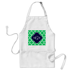 Emerald White Moroccan #5 Navy 3 Initial Monogram Standard Apron