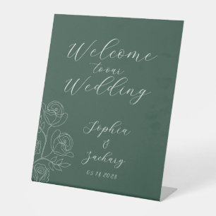 Emerald White Roses Calligraphy Welcome Wedding Pe Pedestal Sign