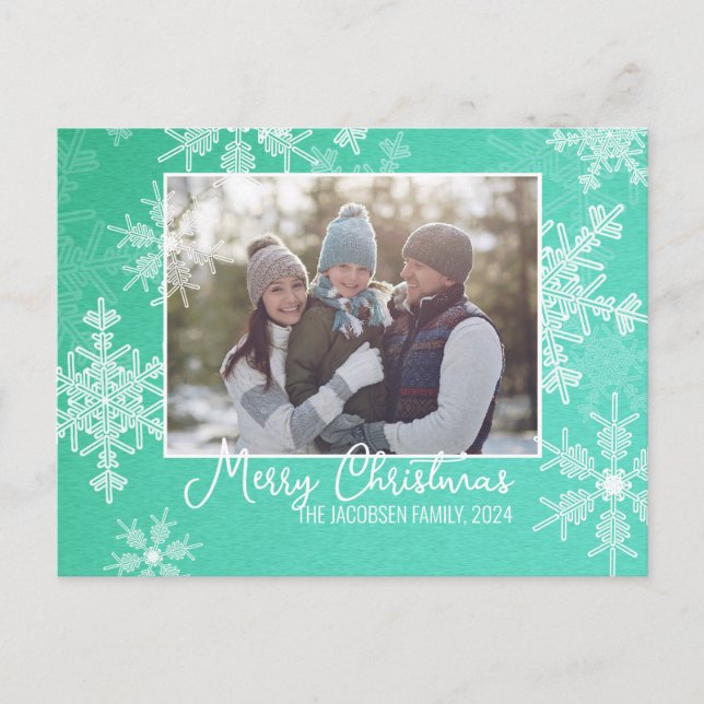 Emerald White Snowflake Minimalist Christmas Photo Holiday Postcard (Front)