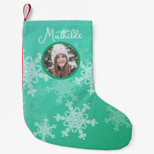 Emerald White Snowflake Minimalist Christmas Photo Small Christmas Stocking