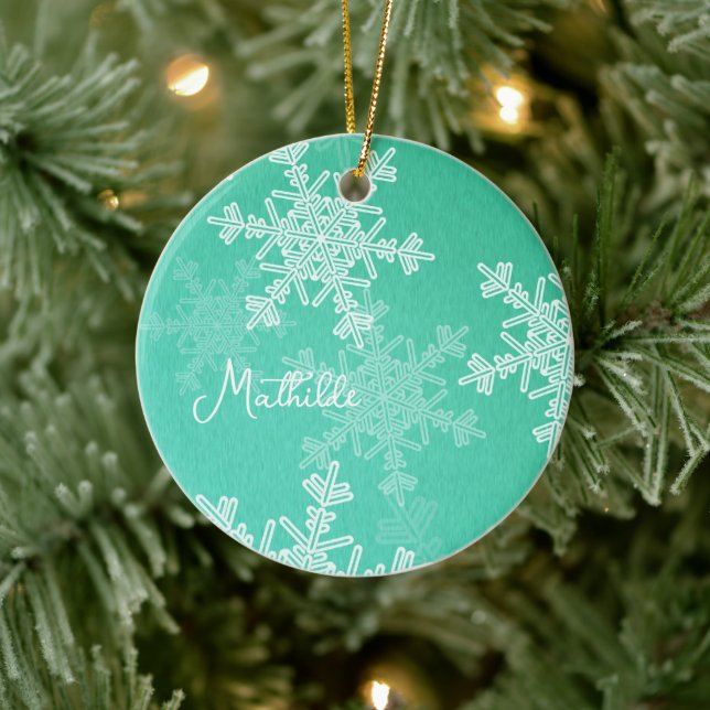 Emerald White Snowflakes Minimalist Christmas Name Ceramic Ornament (Tree)