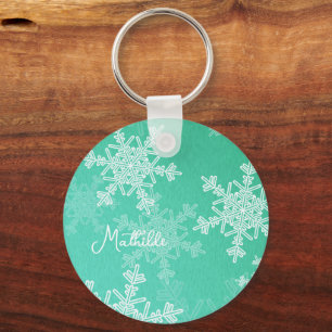 Emerald White Snowflakes Minimalist Christmas Name Keychain