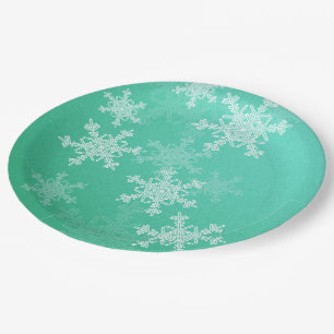 Emerald White Snowflakes Minimalist Christmas Name Paper Plate