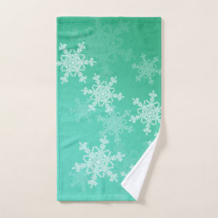 Emerald White Snowllakes Minimalist Christmas Hand Towel
