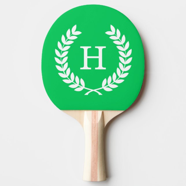 Emerald White Wheat Laurel Wreath Initial Monogram Ping Pong Paddle (Front)