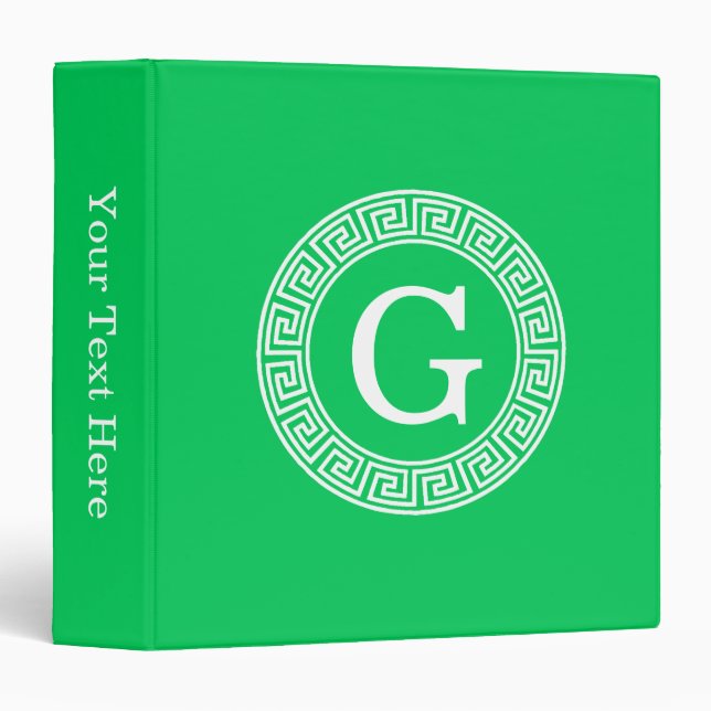 Emerald Wht Greek Key Rnd Frame Initial Monogram Binder (Front/Spine)