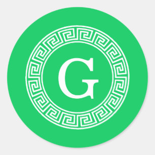Emerald Wht Greek Key Rnd Frame Initial Monogram Classic Round Sticker