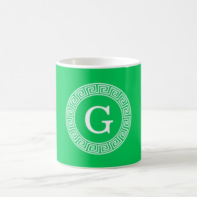 Emerald Wht Greek Key Rnd Frame Initial Monogram Coffee Mug (Center)