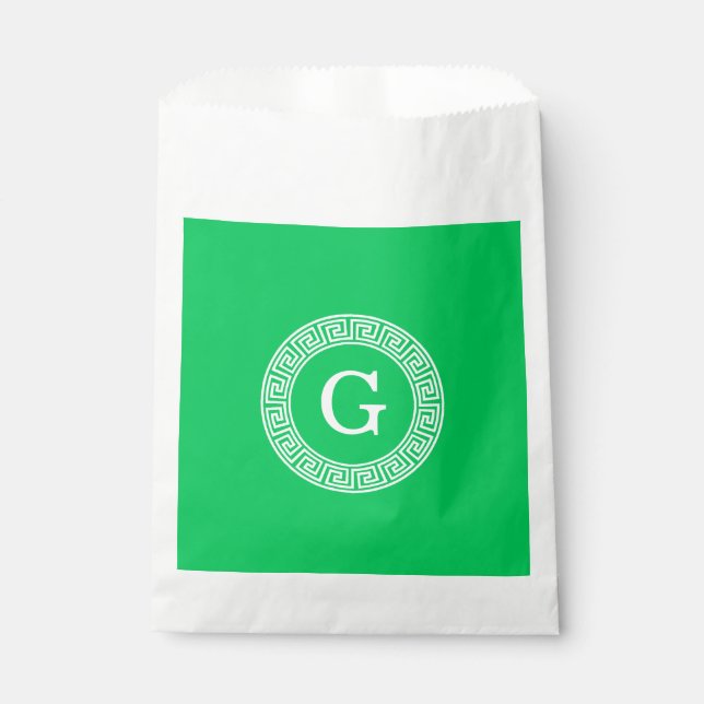 Emerald Wht Greek Key Rnd Frame Initial Monogram Favour Bag (Front)