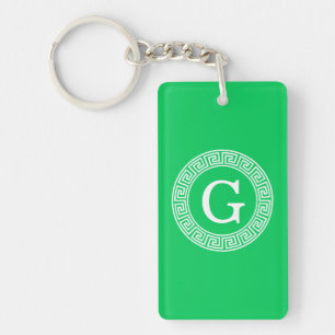 Emerald Wht Greek Key Rnd Frame Initial Monogram Keychain