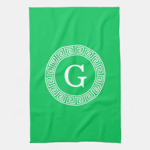 Emerald Wht Greek Key Rnd Frame Initial Monogram Kitchen Towel