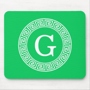 Emerald Wht Greek Key Rnd Frame Initial Monogram Mouse Pad