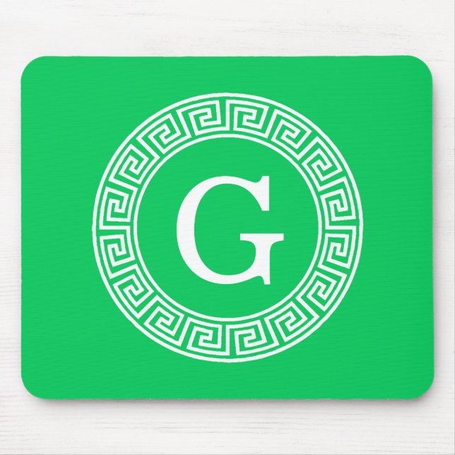 Emerald Wht Greek Key Rnd Frame Initial Monogram Mouse Pad (Front)