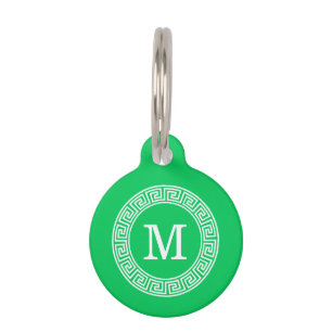 Emerald Wht Greek Key Rnd Frame Initial Monogram Pet Tag