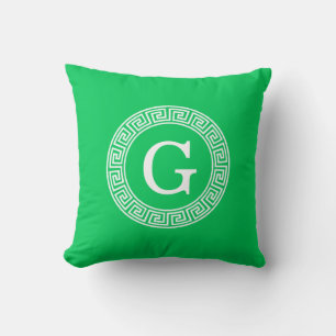 Emerald Wht Greek Key Rnd Frame Initial Monogram Throw Pillow