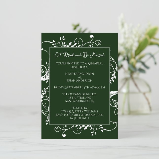 Émeraude Green Flourish Reply Dîner Invitation (Debout devant)