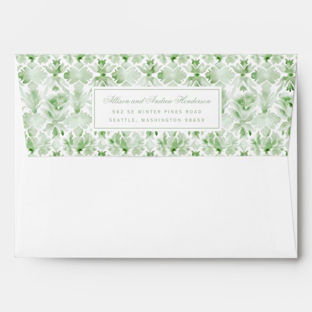 Émeraude Vert aquarelle Mariage damassé Enveloppe (Dos (Haut rabat))