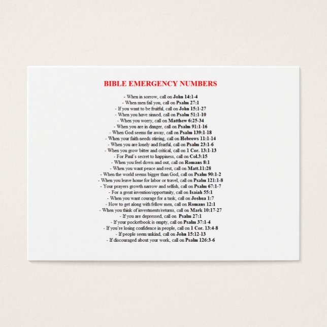 Emergency Bible Numbers  CARDS (Front)