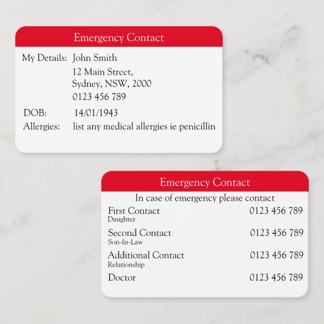 Emergency Contact Business Card (Front/Back)