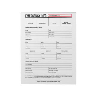 Emergency Contact Information Sheet Notepad