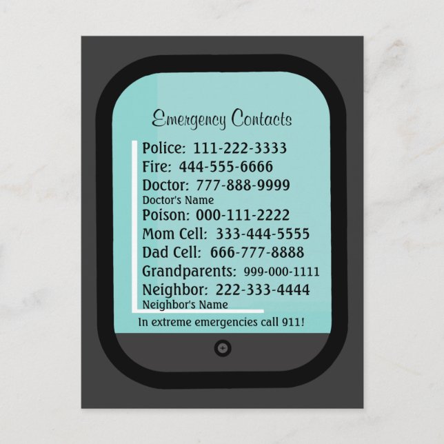 Emergency Contacts Refrigerator Card (Front)