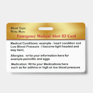 Emergency Medical Alert Contacts ID Card Custom Badge