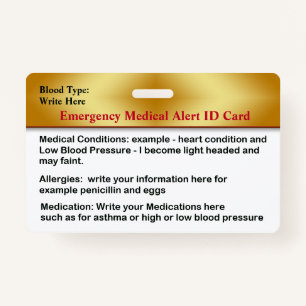 Emergency Medical Alert Contacts ID Card Custom Badge