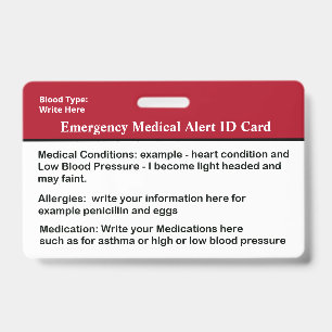 Emergency Medical Alert ID Card Custom Badge