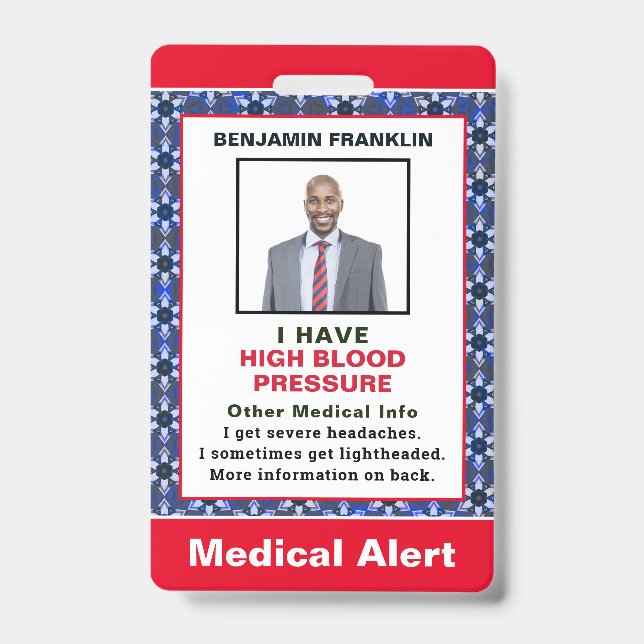 Emergency Medical Alert Photo Id Identification  Badge (Front)
