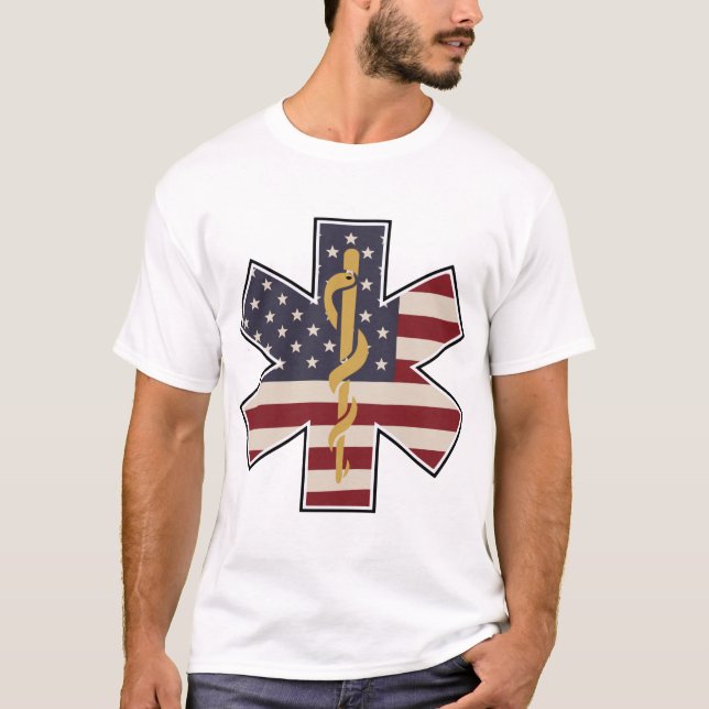 Emergency Medical Worker Tribute Usa Flag -EMS EMT T-Shirt (Front)