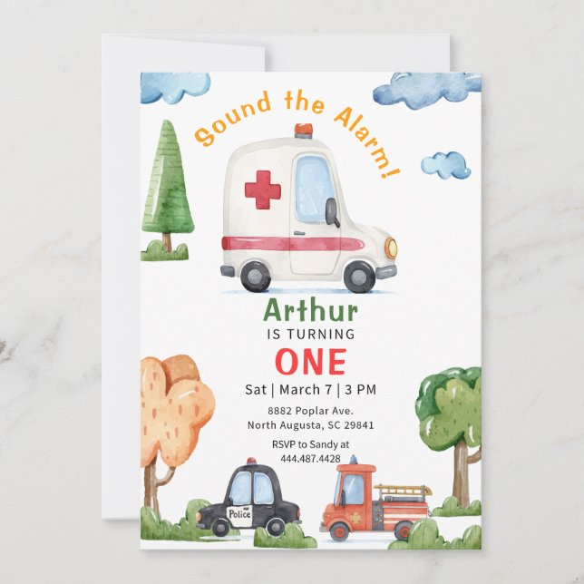 Emergency Vehicles Ambulance Birthday Invitation (Devant)