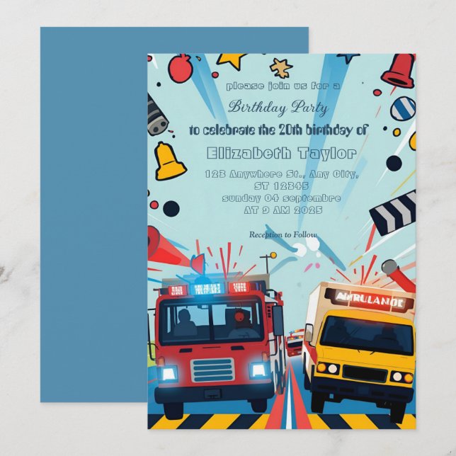 Emergency Vehicles party  invitation    (Devant / Derrière)