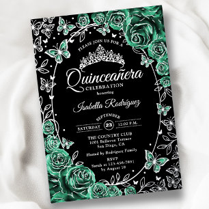 Emerlad Green Silver Black Roses Quinceanera