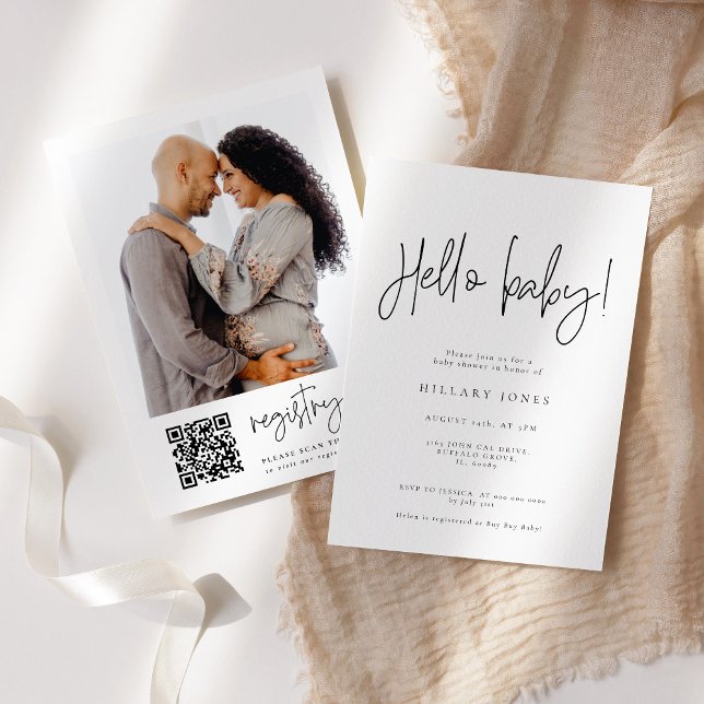 EMERY | Calligraphy Hello baby Shower QR Code Invitation (Creator Uploaded)