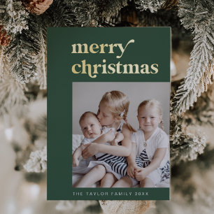 EMERY Green Foil Retro Vintage Photo Christmas Holiday Card