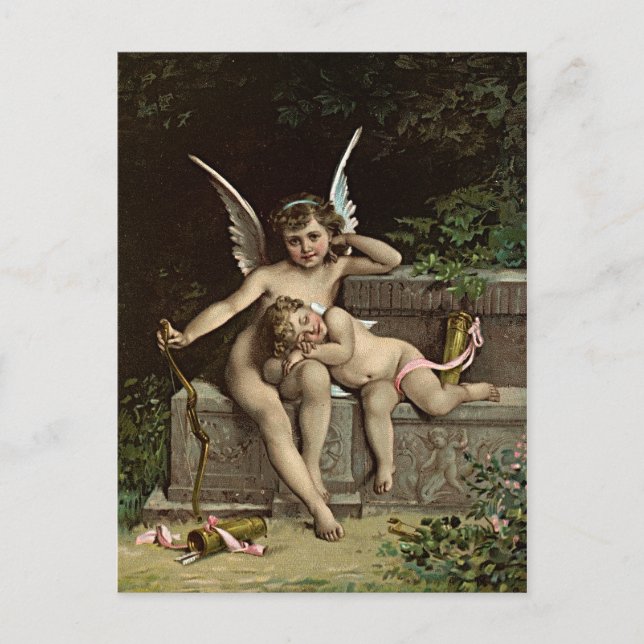 Émile Munier Two Cupid Figures Sitting on a Bench. Postcard (Front)